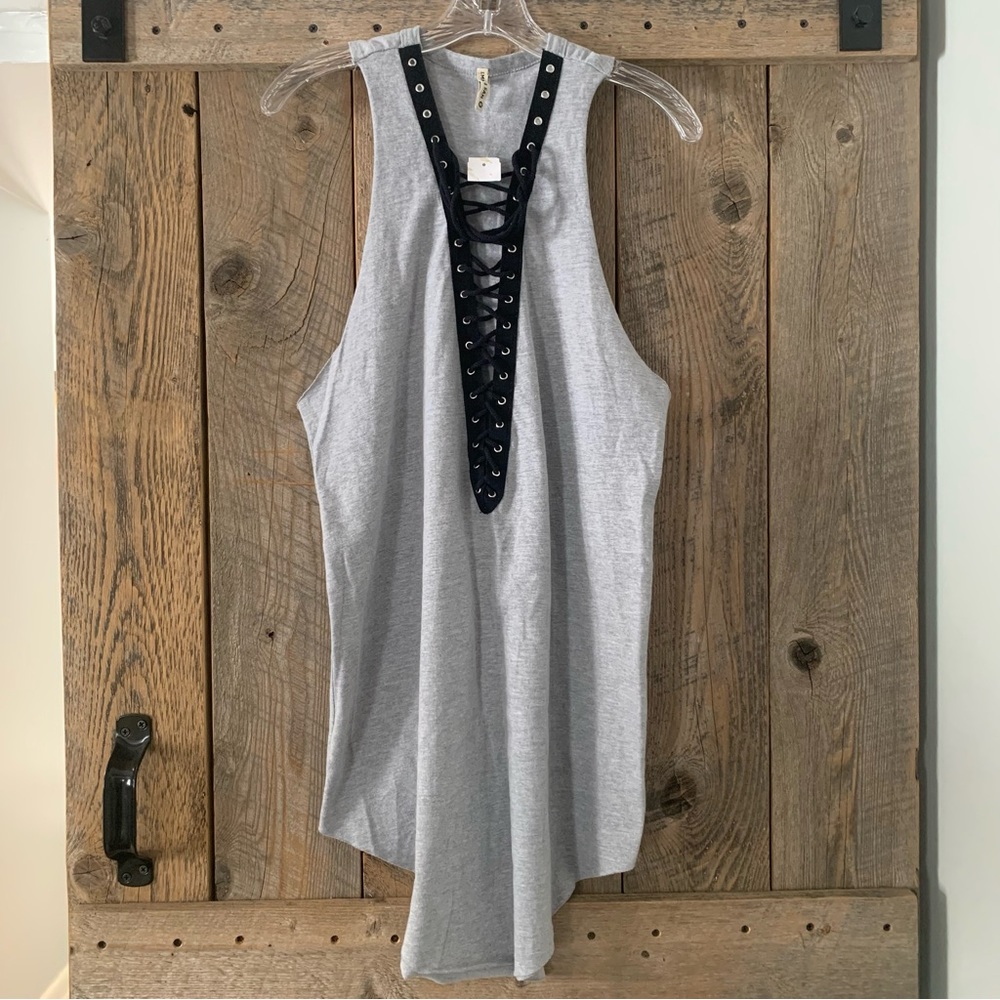 Women’s M EMMA & SAM Gray Cotton Tank Top Tunic Dress Black Lace Up Racer Back